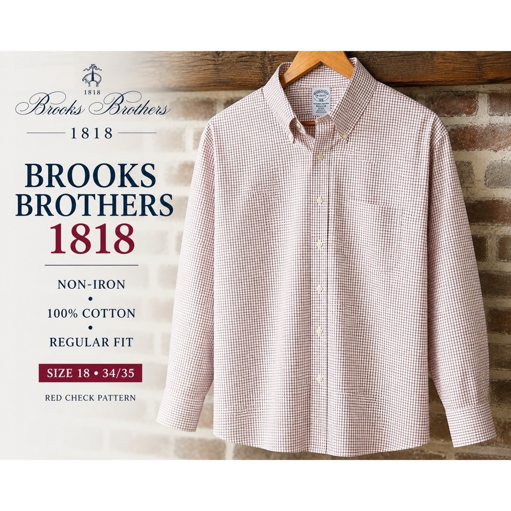 Brooks Brothers 1818 Regular Non-Iron Dress Shirt 18 34/35 Red Check‎ Cotton